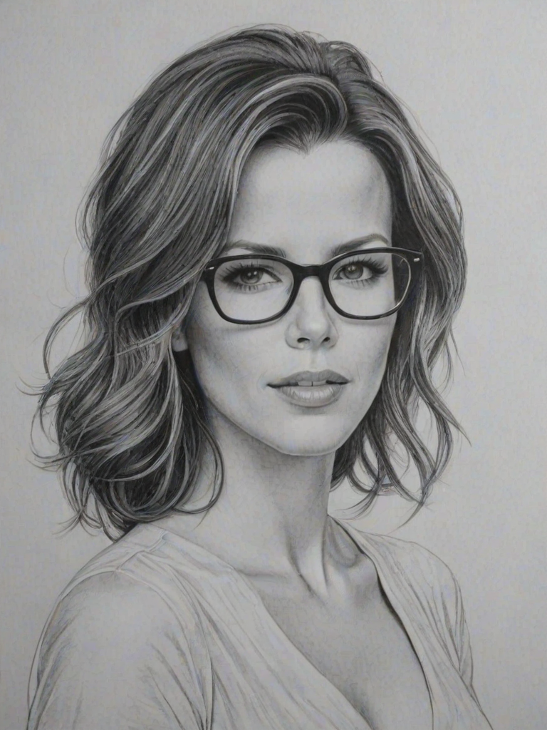 Captivating Kate Beckinsale, pencil sketch, portrait of Pleasing woman 1958s in glasses, hair style beatnik, outline, clear lines, fine lines, 8k