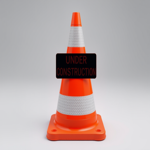 Create a high-resolution image of a bright orange traffic cone with three white stripes and a black "UNDER CONSTRUCTION" sign in bold uppercase letters, shot with a Canon EOS 5D Mark IV, 50mm lens, f/4 aperture, ISO 100, in a well-lit studio setting for optimal clarity.