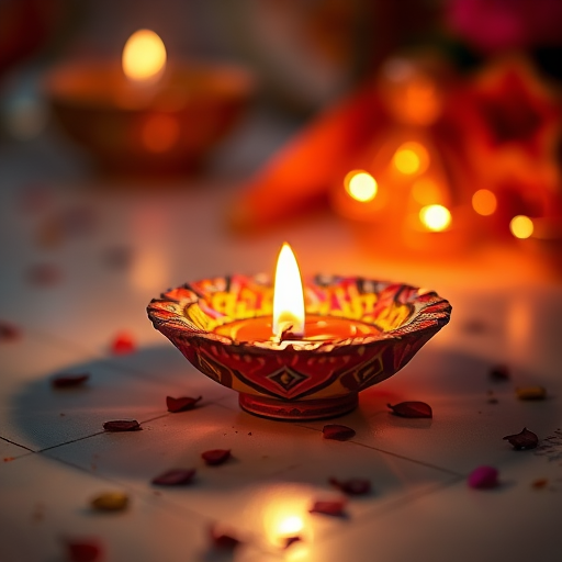 a beautifully lit diya with vibrant colors and intricate designs, placed on a softly glowing surface with scattered decorative elements, captured in shallow depth of field, 50mm lens, f/2.8 aperture, ISO 100, warm lighting, DSLR camera, macro view for enhanced detail