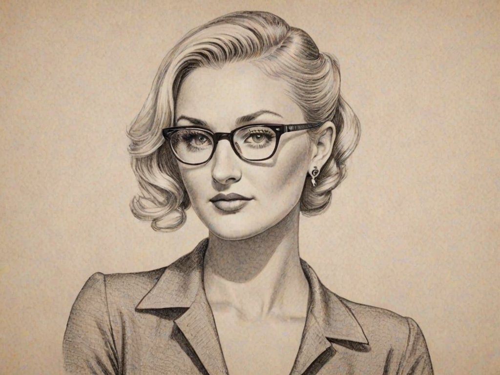 Appealing Brooke Hogan, pencil sketch, portrait of Elegant woman 1943s in glasses, hair style beatnik, outline, clear lines, fine lines, 8k