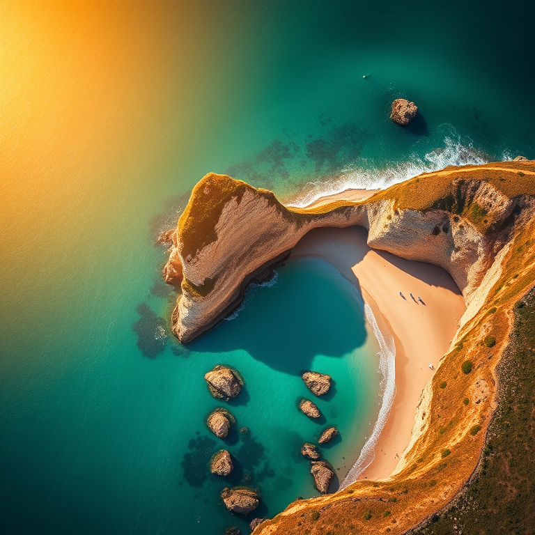 generate an aerial view of a coastal landscape featuring cliffs and a sandy beach, vibrant turquoise water, warm sunlight illuminating the scene, camera settings: f/8, ISO 100, shutter speed 1/200s, camera view: top-down perspective, camera style: vivid colors and sharp details, camera type: drone-mounted DSLR