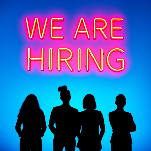 Create an image of a professional hiring announcement featuring silhouettes of five diverse figures standing together against a vibrant, glowing blue background, with bold neon text that reads "WE ARE HIRING" above them; use a DSLR camera with a 50mm lens at f/1.8, ISO 200, and a shutter speed of 1/200 sec, shooting from a straight-on perspective for sharp focus and dramatic depth.