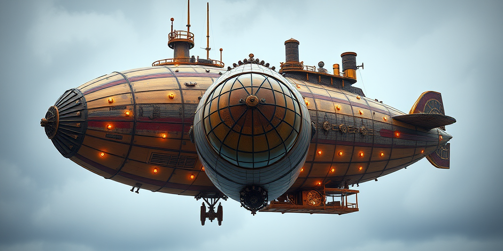Create a steampunk-style airship with a prominent front view, emphasizing intricate mechanical details and a smoky chimney, captured with a high-resolution DSLR camera, 50mm lens, f/2.8 aperture, ISO 100, and 1/200s shutter speed for sharpness and vibrant colors.