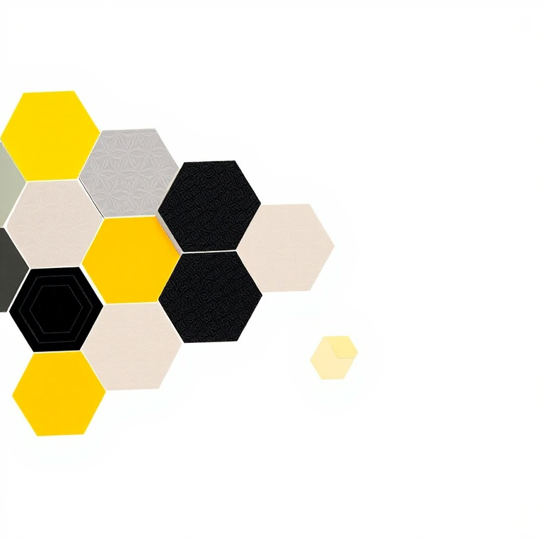 Create an image of a stylized honeycomb structure featuring hexagonal shapes in shades of yellow, gray, and black with a minimalist white background, captured using a Canon EOS R5 camera with a 50mm f/1.2 lens, aperture set to f/2.8, ISO 100, and a shallow depth of field to enhance detail and contrast.