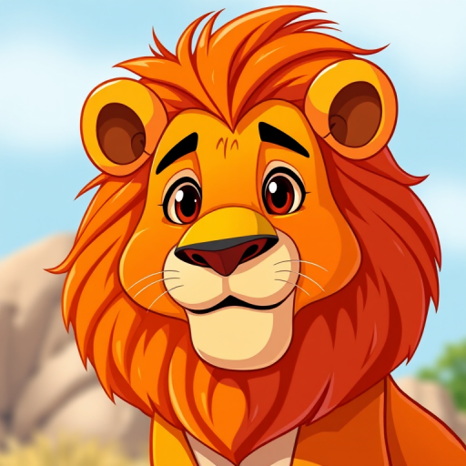 Create a vibrant cartoon-style illustration of a lion with a bright orange mane and a friendly expression, captured in high resolution with a DSLR camera set to f/2.8, ISO 100, 1/200 sec, in daylight, focusing on the lion's face with a shallow depth of field to enhance detail.