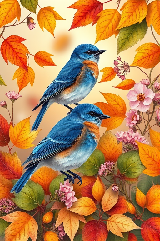 Create a vibrant botanical illustration featuring two blue birds perched among colorful autumn leaves and flowers, using a macro lens at f/2.8, ISO 100, 50mm focal length, with soft natural lighting for enhanced detail and texture.