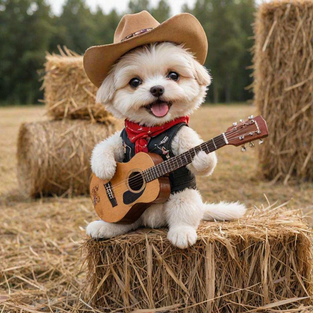 A chibi dog, dressed as a cowboy, playing guitar, sitting on a hay bale
