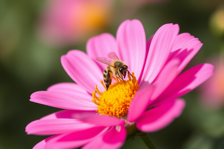 macro shot of a pink flower with a bee on its yellow center, shallow depth of field, natural lighting, ISO 100, aperture f/2.8, focal length 100mm, DSLR camera