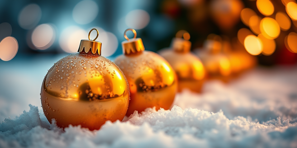 Close-up shot of golden Christmas ornaments on snow with a blurred bokeh background, aperture f/2.8, shutter speed 1/200s, ISO 100, DSLR camera, macro lens, warm lighting.