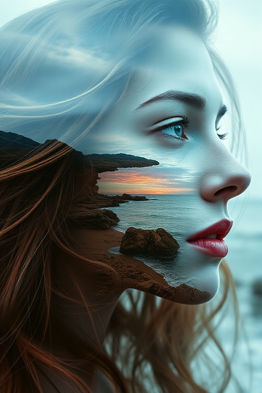 create Book cover, A surreal double exposure portrait that blends a woman's face with a beautiful seascape. The overall mood is dreamy and mystical, with rich colors and intricate details