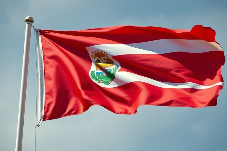 Create a high-resolution image of the Costa Rican flag waving in the wind, shot with a DSLR camera at f/8, ISO 100, 1/250 sec, using a wide-angle lens at 24mm, in natural light with a soft background blur.