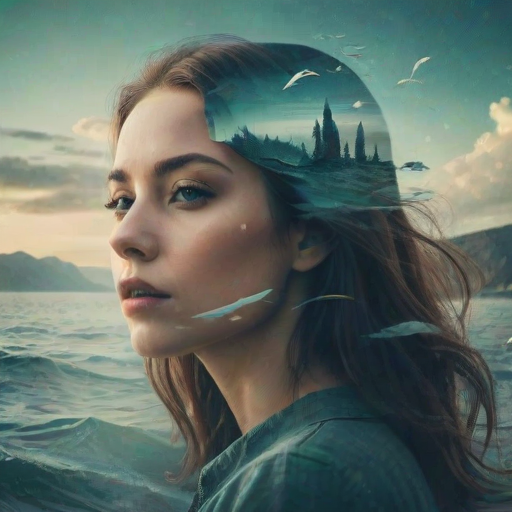 create Book cover, A surreal double exposure portrait that blends a woman's face with a beautiful seascape. The overall mood is dreamy and mystical, with rich colors and intricate details