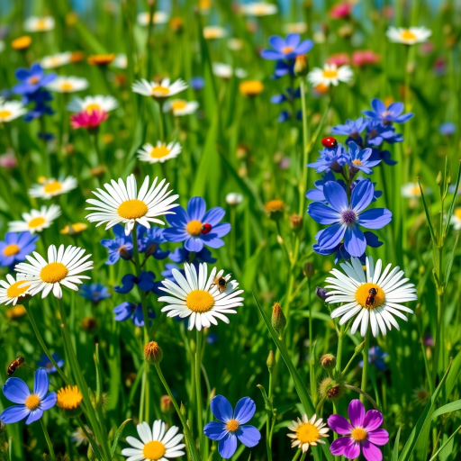Generate a vivid illustration of a lush green meadow with vibrant wildflowers, including daisies and blue flowers, buzzing bees, and a ladybug, in a bright blue sky background, using a Canon EOS R5 with a 24-105mm lens at f/8, ISO 100, and natural daylight for optimal color saturation.
