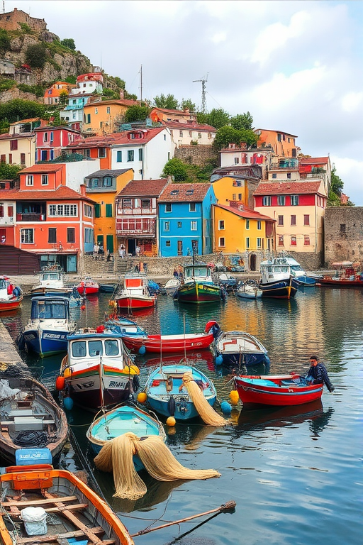 Picturesque fishing village, colorful boats tied to the docks, and fishermen mending their nets by the water's edge.