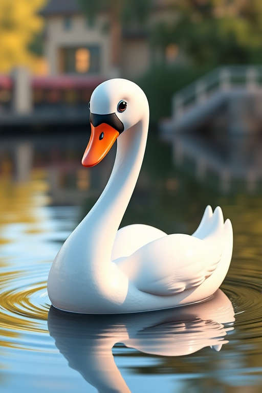 Create a 3D rendering of a cartoon swan with a glossy finish, positioned gracefully on a reflective pond, vibrant colors, soft lighting, close-up perspective, using a DSLR camera with a 50mm lens at f/2.8, ISO 100, and a shutter speed of 1/200 sec.