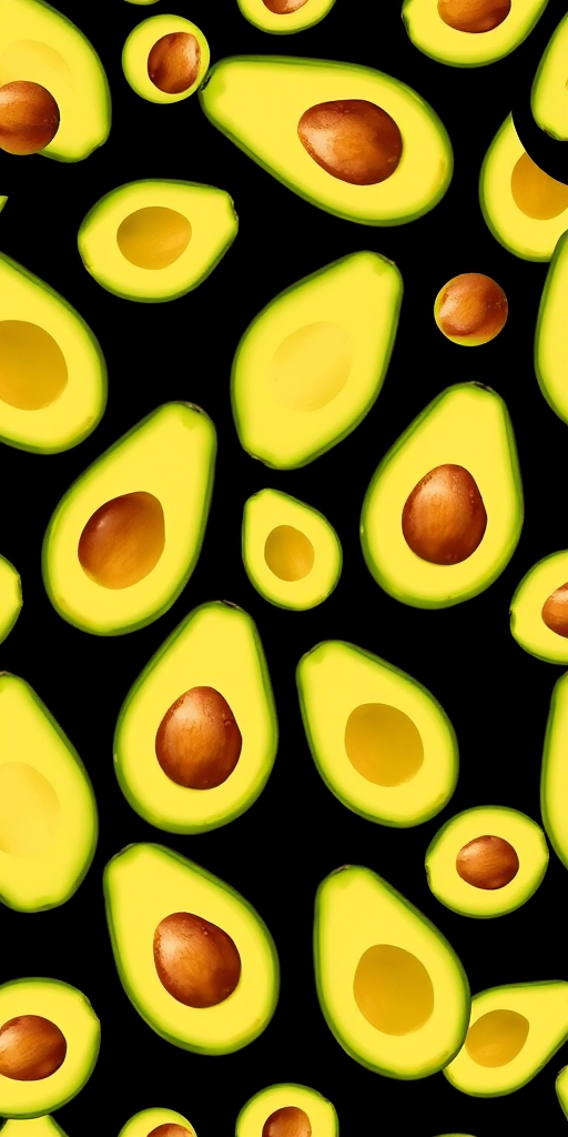 create a seamless pattern featuring sliced avocados on a black background