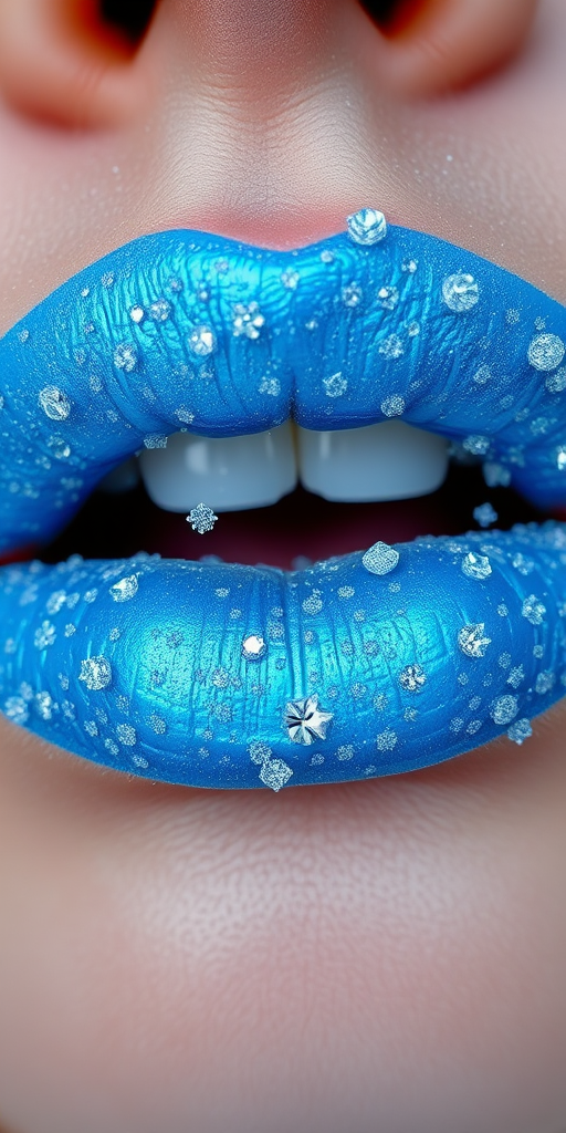 Frosty ice blue lips sparkle with tiny crystals, evoking a winter wonderland aesthetic and adding a touch of magic to any beauty look
