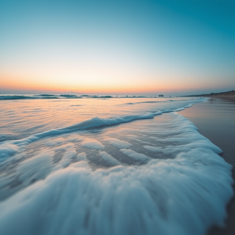 Create a serene beach scene at sunset, capturing gentle waves lapping against the shore with soft pastel colors in the sky, using a DSLR camera at f/8 aperture, 1/60 shutter speed, ISO 100, wide-angle lens, and a low angle view for depth.