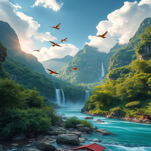 Regenerate a vibrant fantasy landscape featuring lush green mountains with cascading waterfalls, colorful birds in flight, and a serene river, captured with a Canon EOS R5, 24mm lens, f/8 aperture, ISO 100, in bright daylight with a wide-angle view to enhance depth and clarity.