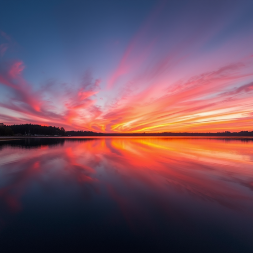 Generate a high-resolution image of a serene sunset over a calm lake reflecting vibrant orange and pink hues in the sky, shot with a Canon EOS R5 at f/8, ISO 100, shutter speed 1/60 sec, wide-angle lens, landscape orientation.