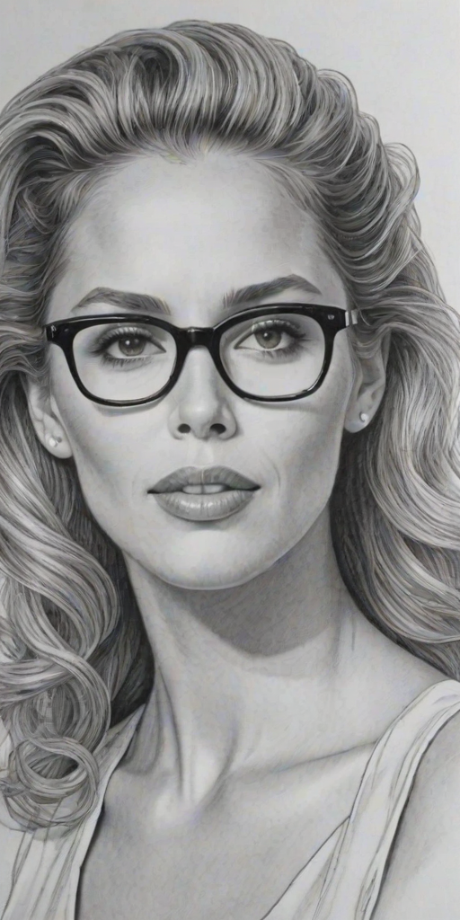 Elegant Elizabeth Berkley, pencil sketch, portrait of Alluring woman 1958s in glasses, hair style beatnik, outline, clear lines, fine lines, 8k