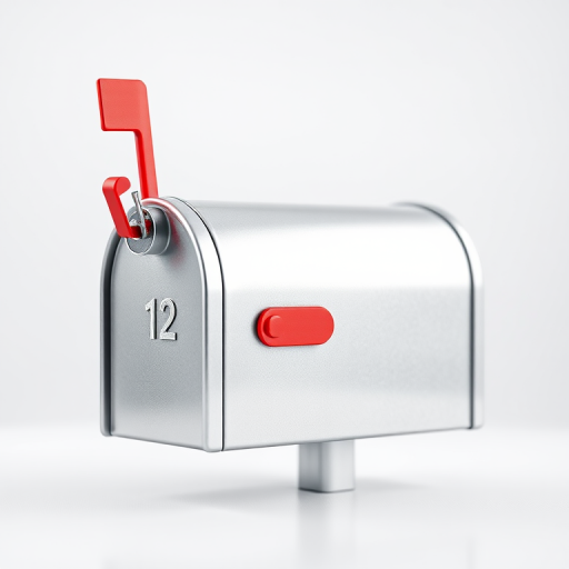 Create a high-resolution 3D illustration of a mailbox with a metallic silver finish and a bright red flag, set against a soft-focus background, using a DSLR camera with a 50mm lens, f/2.8 aperture, ISO 100, and a shallow depth of field to enhance details and contrast.