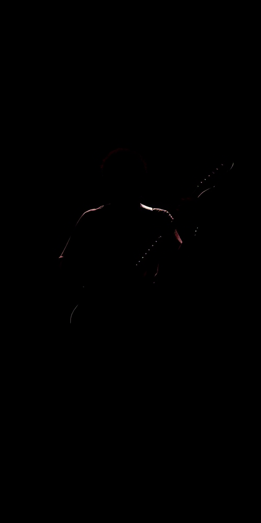 Create a high-resolution silhouette of a guitarist playing passionately, with a black background, using a DSLR camera, aperture f/2.8, ISO 100, 50mm lens, shot from a low angle to accentuate the figure's shape and dynamic pose.