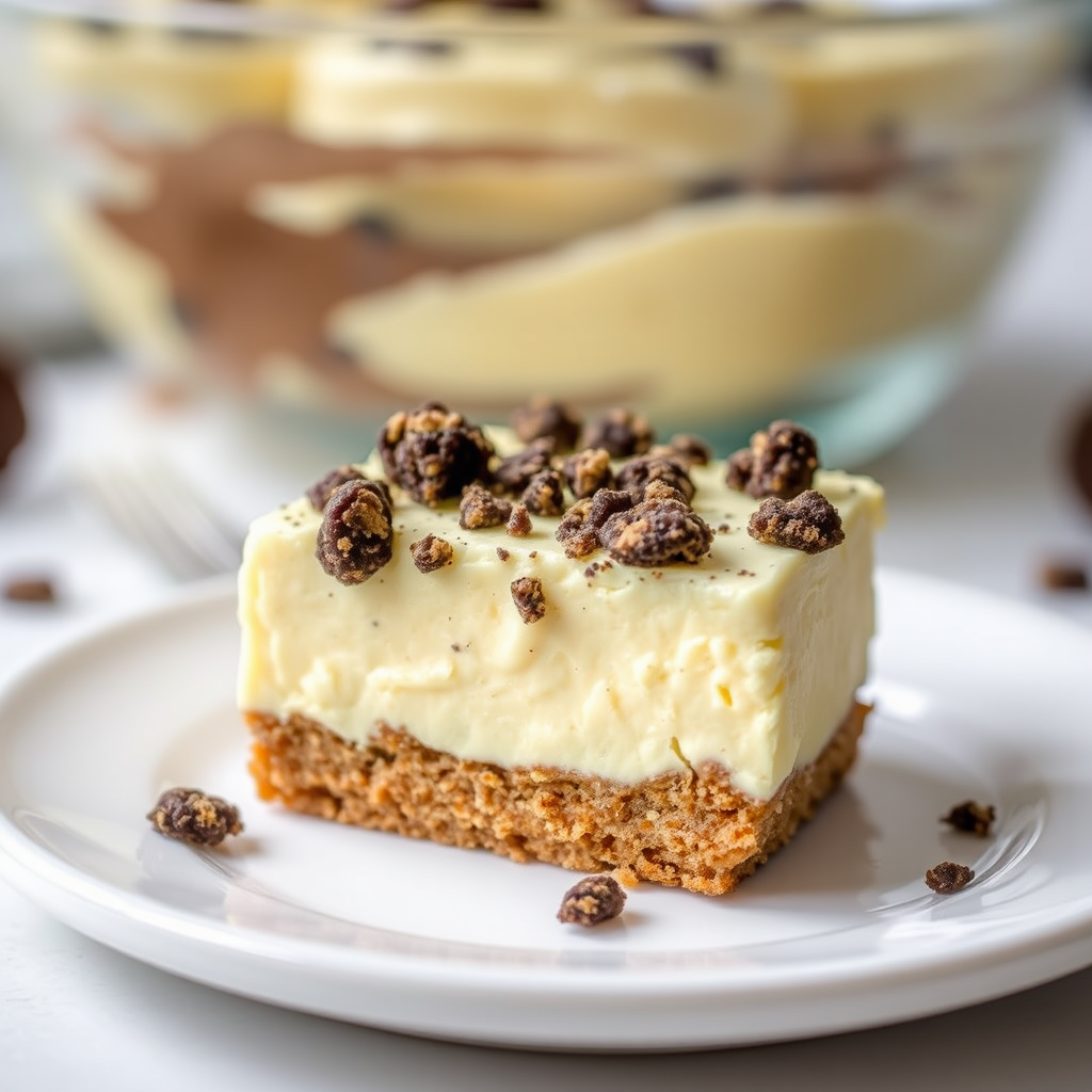 Create an image of a creamy dessert with a graham cracker crust topped with crushed cookies on a white plate. The dessert should have a smooth, pale yellow filling, and the background should show a slightly blurred view of more dessert in a glass dish. The lighting should be bright and inviting, emphasizing the texture of the crust and the creamy filling.