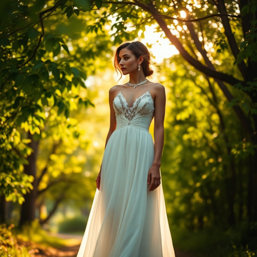 Create an ethereal scene of a woman in a flowing white gown adorned with jewels, standing gracefully amidst lush green trees, sunlight streaming through the leaves, soft focus, golden hour lighting, 50mm lens, f/1.8 aperture, ISO 200, shallow depth of field, high dynamic range, shot on a DSLR camera.