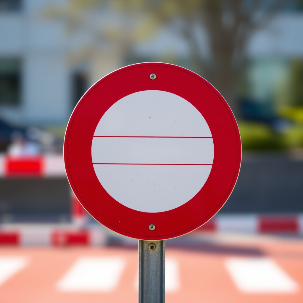 Create a clean, high-resolution image of a red no entry sign with a white horizontal bar, using a DSLR camera with a 50mm lens at f/2.8, ISO 100, and a focus on the sign against a blurred background to enhance depth of field.