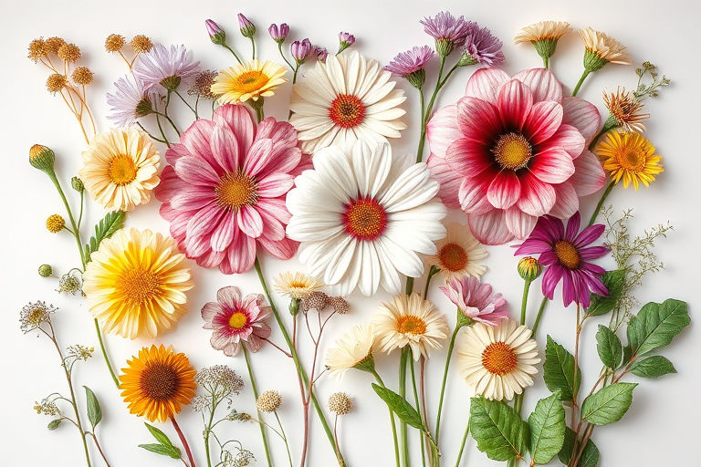 Create a detailed botanical illustration featuring various flowers and plants arranged in a vertical format, with soft natural lighting, macro lens, f/2.8 aperture for a shallow depth of field, shot from an overhead perspective, using a DSLR camera to enhance image quality.