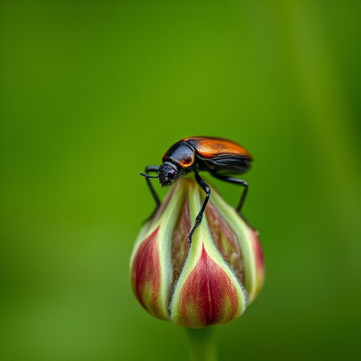 macro shot of a beetle on a plant bud with a blurred green background, focal length 100mm, aperture f/2.8, ISO 200, natural lighting, DSLR camera, shallow depth of field