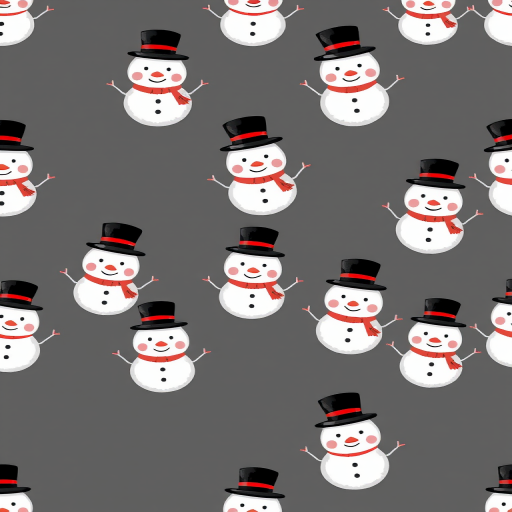 Create a seamless pattern of cheerful snowmen wearing black top hats on a dark gray background, high resolution, DSLR camera, 50mm lens, f/8 aperture, ISO 100, soft natural lighting.