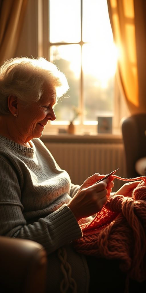 Warm, intimate photo of a grandmother knitting by a sunny window, soft golden light illuminating her hands and the yarn, with a cozy armchair and bookshelf visible in the background.