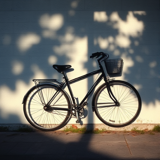Shadow of a bicycle with a basket cast on a textured wall, captured in soft afternoon light, using a DSLR camera with a 50mm lens, f/1.8 aperture, 1/200 second shutter speed, ISO 200, in portrait view to emphasize the shadows.