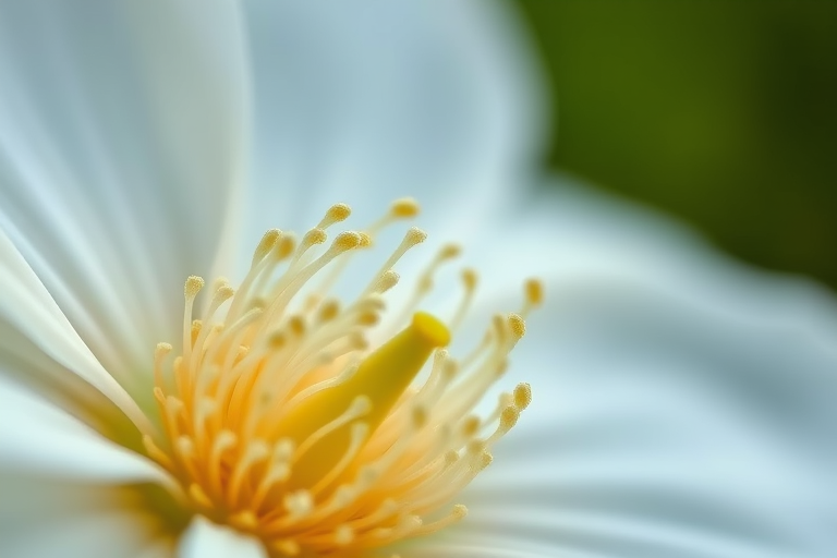 Capture a close-up of a delicate white flower with intricate details, using a macro lens at f/2.8 aperture, 1/200s shutter speed, ISO 100, natural soft lighting, photographed from a slightly elevated angle to emphasize depth and texture, using a DSLR camera.