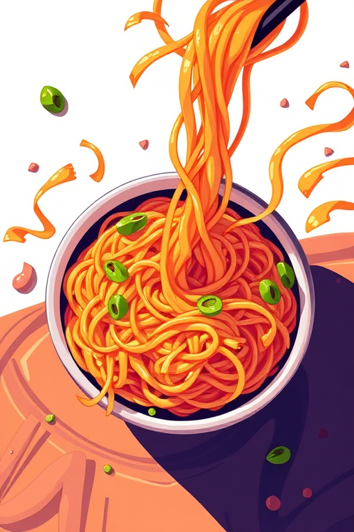 Create a vibrant illustration of a bowl of noodles with flowing strands, using a digital art style, focus on high contrast colors, shot in a top-down view, with a resolution of 300 DPI for high clarity.