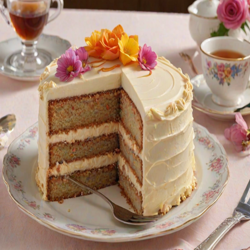 Generate an image of a beautifully decorated layer cake with a creamy frosting. The cake should have three layers, with one slice cut out to show the inside. Surround the cake with colorful flowers and a small dish of caramel sauce. Include a delicate tea cup and a fork beside the slice on an elegant plate. The setting should have a light and inviting atmosphere.