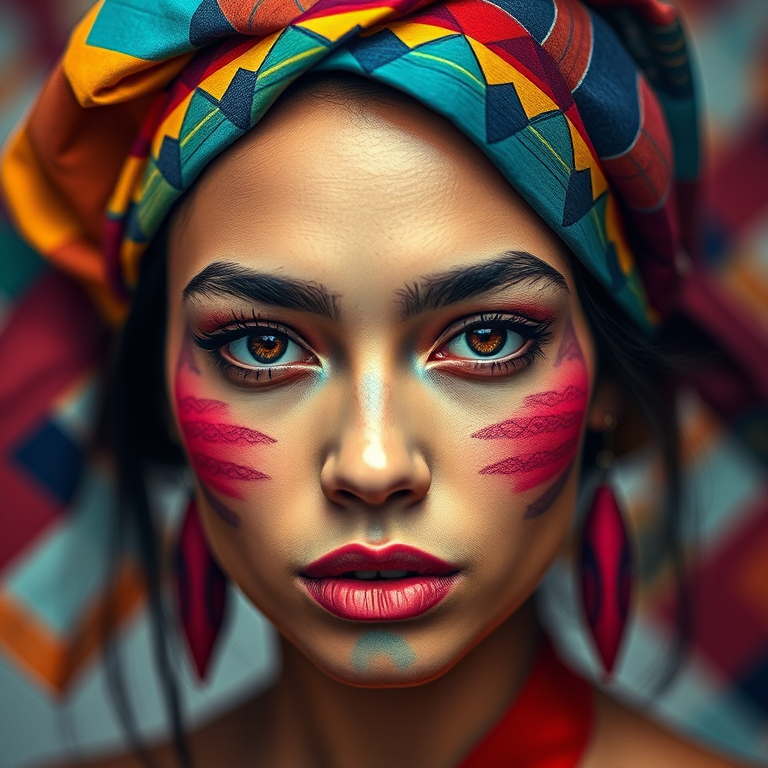 Create a high-resolution image of an abstract portrait with vibrant colors and geometric patterns, using a Canon EOS R5 camera with a 50mm f/1.2 lens, set to ISO 100, aperture f/4, shutter speed 1/125 sec, in soft focus with a shallow depth of field.