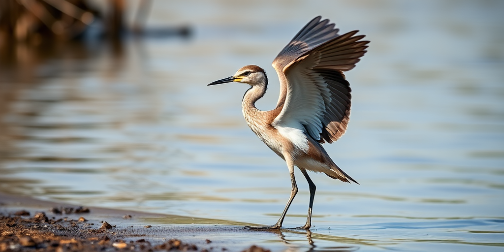 Capture a high-resolution image of a bird standing at the edge of a water body, wings slightly spread, using a DSLR camera with a 200mm lens, aperture set to f/5.6, ISO 100, shutter speed 1/800s, in natural light, focusing on the bird with a blurred background to enhance depth.
