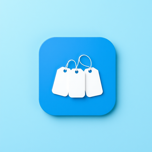 Create a high-resolution image of a simple icon featuring three white tags on a divided blue background, using a DSLR camera with a 50mm lens, f/2.8 aperture, 1/100s shutter speed, ISO 100, taken from a top-down angle with a soft diffused light to enhance clarity and contrast.