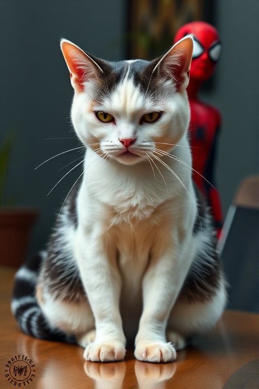A close-up photograph of a white and black cat sitting on a table, with realistic Spider-Man standing beside it. The cat's tail is curled beside it, and its predominantly white face shows a distinctive expression, resembling a domestic shorthair, with slightly squinted eyes that convey frustration. The cat sits grumpily, seemingly unimpressed by the presence of Spider-Man.