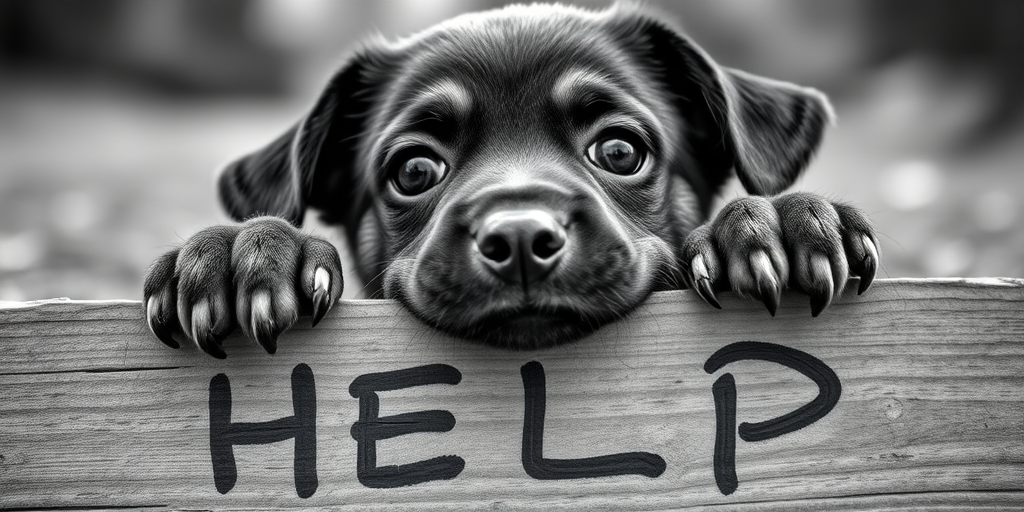 A close-up of a sad puppy with big expressive eyes resting its paws on a wooden sign that says "HELP", shot in monochrome with a shallow depth of field, using a DSLR camera, aperture f/2.8, ISO 100, 50mm lens, natural lighting, low angle view.