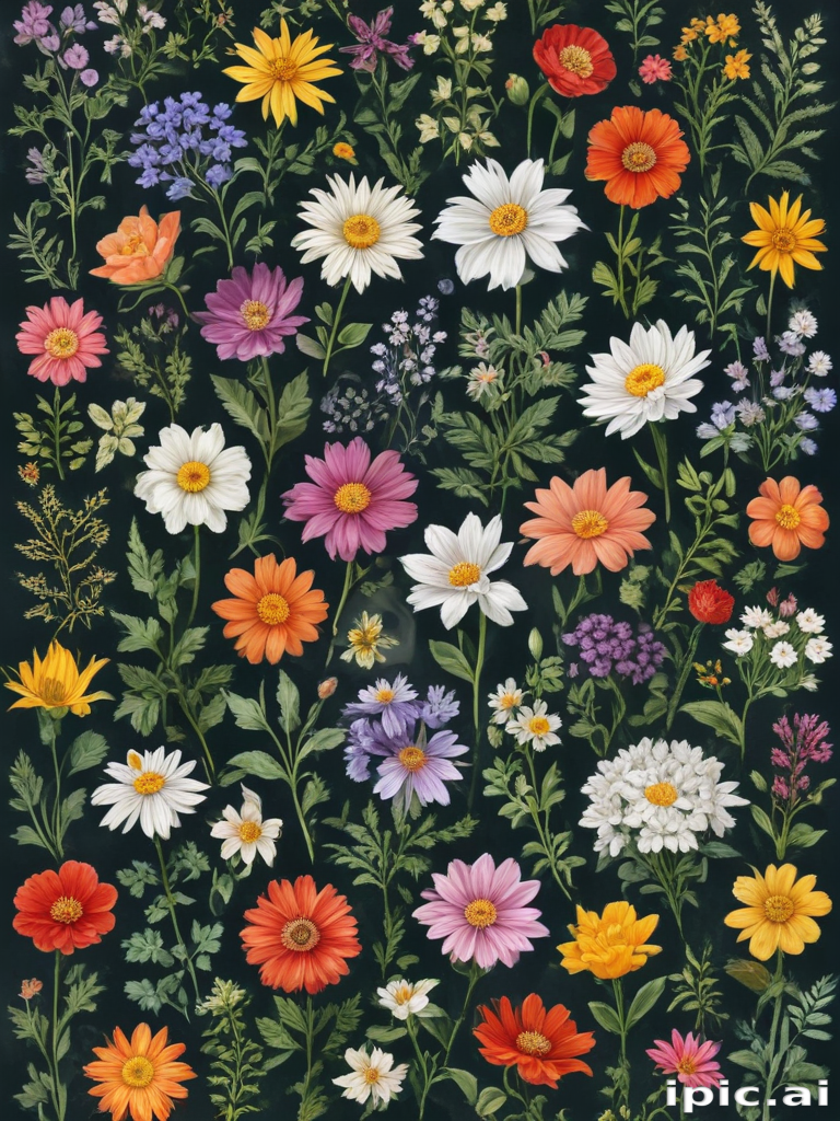 A Colorful Array of Vibrant Flowers in Full Bloom Against Dark Background