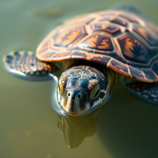 Regenerate a close-up image of a turtle swimming in calm water, captured with a DSLR camera at 50mm focal length, aperture set to f/2.8 for a shallow depth of field, ISO 200, natural lighting, in vivid color to enhance the texture of the turtle's shell and reflections in the water.