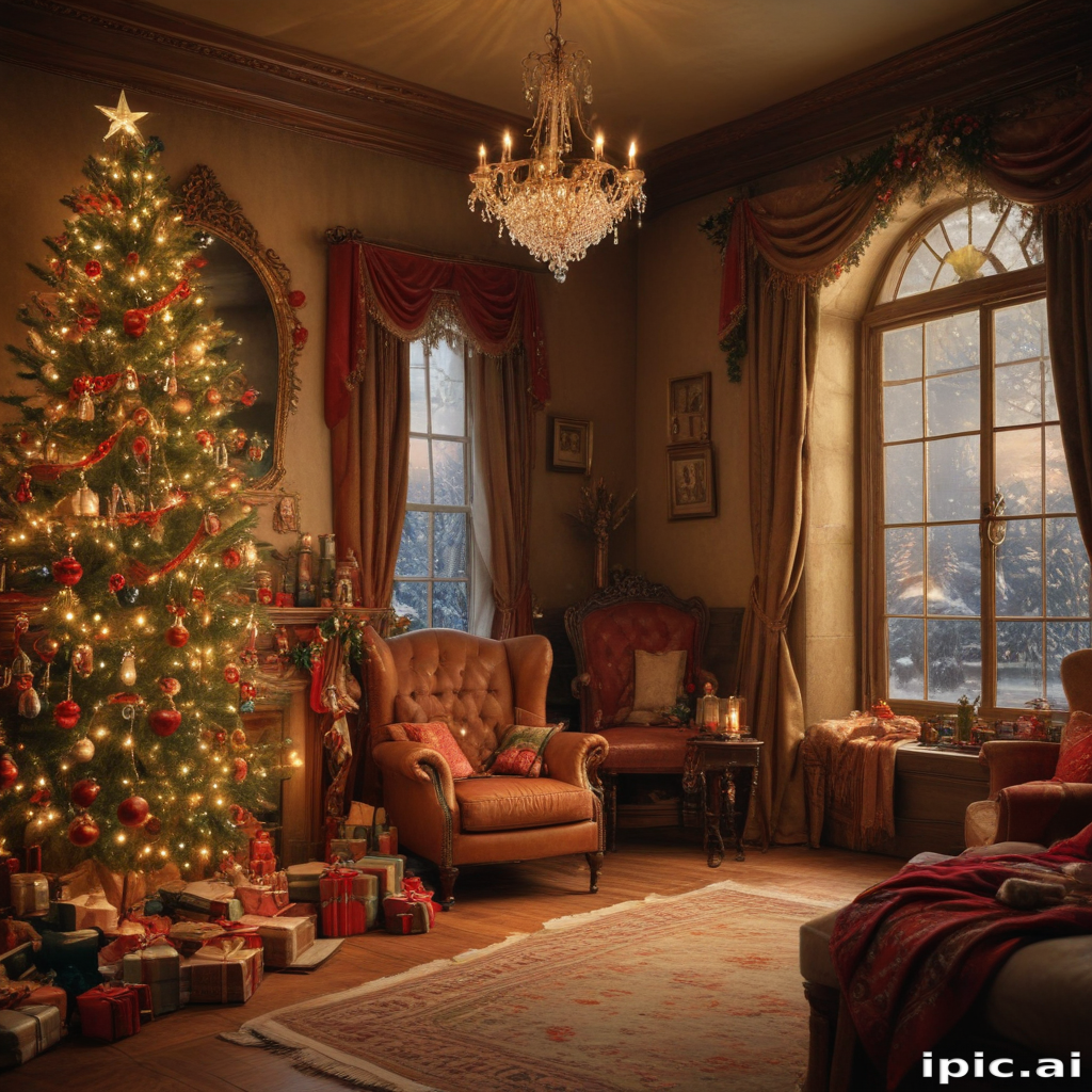 Cozy Christmas Living Room with a Beautifully Decorated Tree and Presents