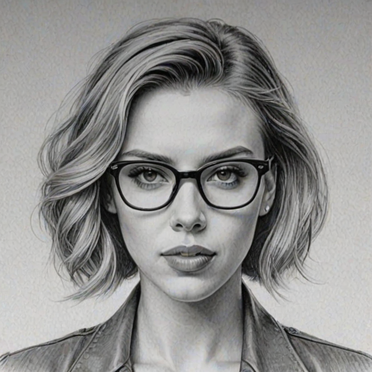 Stunning Scarlett Johansson, pencil sketch, portrait of Enchanting woman 1967s in glasses, hair style beatnik, outline, clear lines, fine lines, 8k