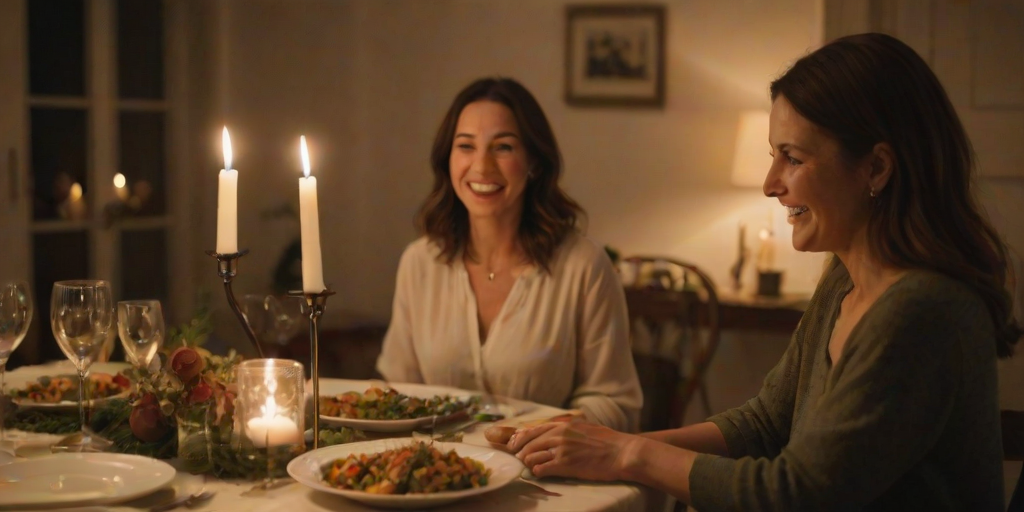 Blurry candid shot of a woman hosting a dinner party, gracefully serving food to guests, with a beautifully set table illuminated by soft candlelight and laughter echoing around.