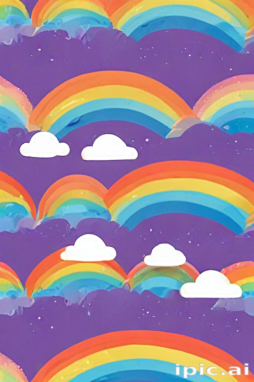 Vibrant and Colorful Rainbows with Soft Clouds Against a Purple Background.