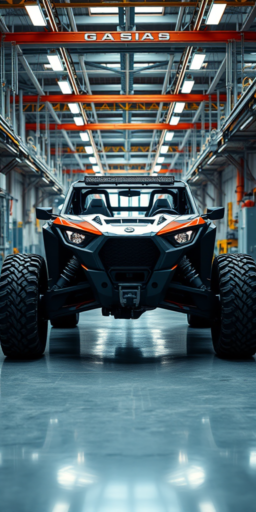 Generate an image of a futuristic off-road vehicle in a high-tech manufacturing facility, taken with a DSLR camera at f/2.8, ISO 200, shutter speed 1/125s, wide-angle view, in a bright and detailed style for enhanced clarity.